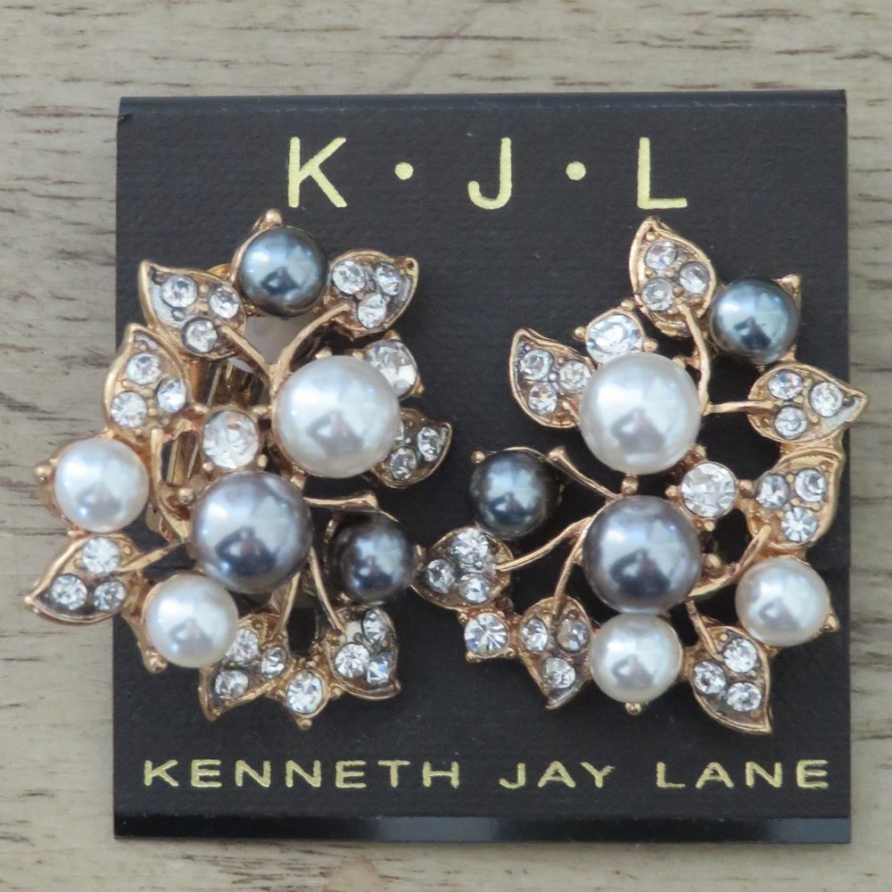 Kenneth Jay Lane Vintage Pearl & Crystal Clip-on Earrings